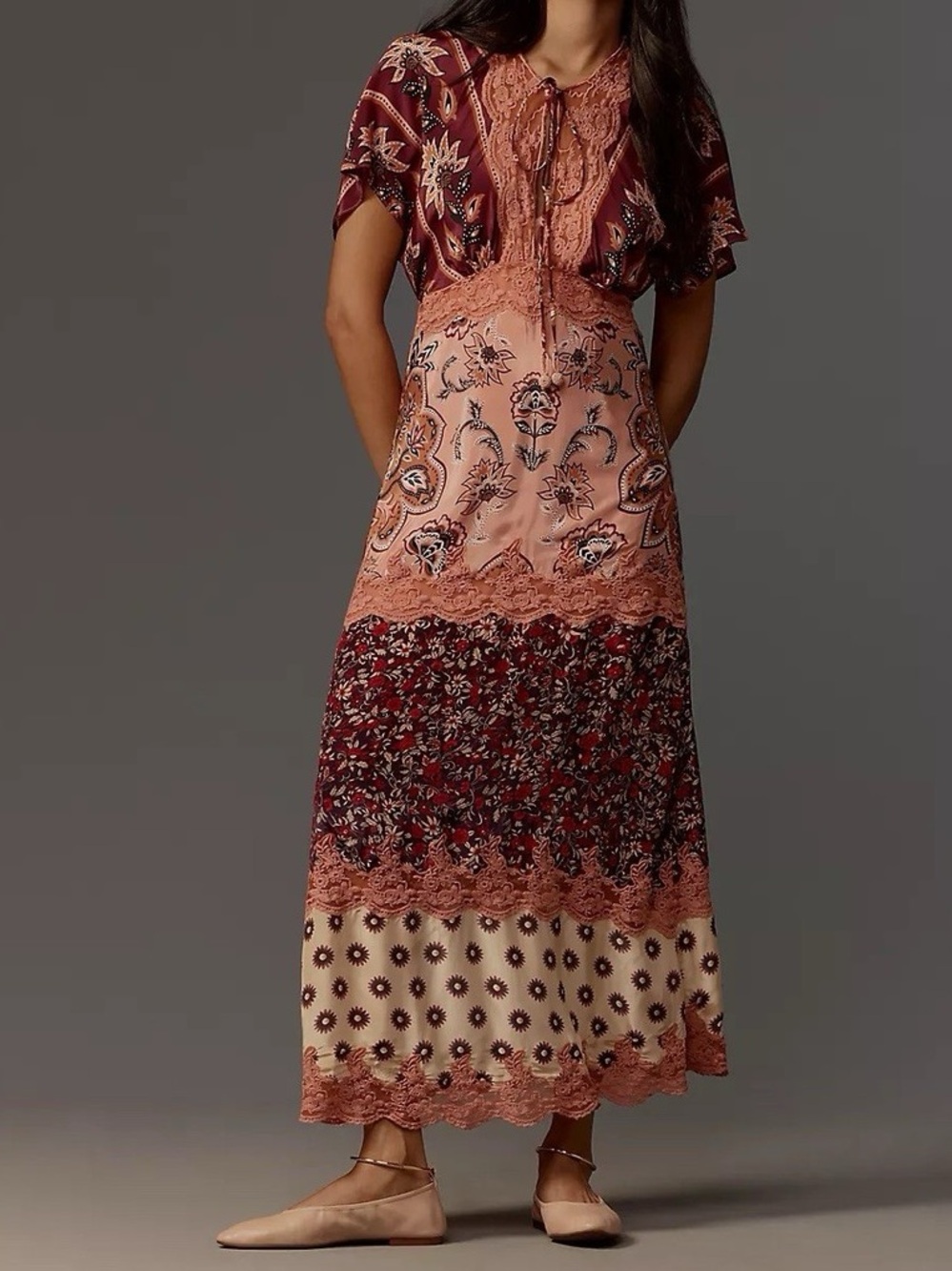 Farm Rio Glam Tapestry Burgundy Laces Short Sleeve Maxi Dress Ethereal XS NWT
